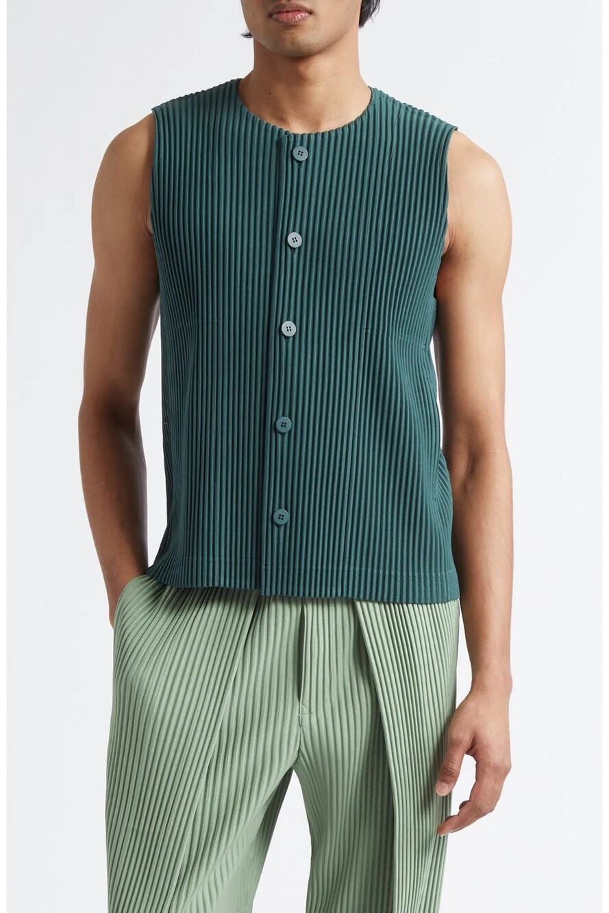ISSEY MIYAKE HOMME PLISSÉ EVERGREEN V-NECK BUTTON UP TANK TOP VEST SIZE 3 M/L